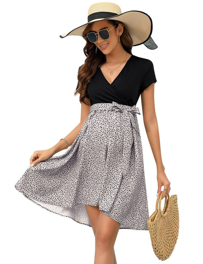 エリートチョイス レディース トップス ワンピース Vネック ハイウエスト マタニティ Elitechoice Women's Maternity Short Sleeve V-Neck High Waist Dress Brown Leopard ブラウン|ReVida 店