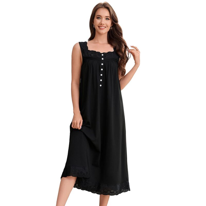セオリア レディース アンダー御召しもの ナイト爵御召しもの ノースリーブ Seoria Women Sleeveless Nightgown Shift Button Sleep Dress Black 黒いこと