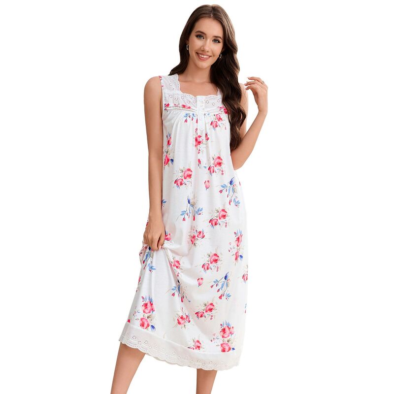 セオリア レディース アンダー御召しもの ナイト爵御召しもの ノースリーブ Seoria Women Sleeveless Nightgown Shift Button Sleep Dress White Red Flower 白いこと