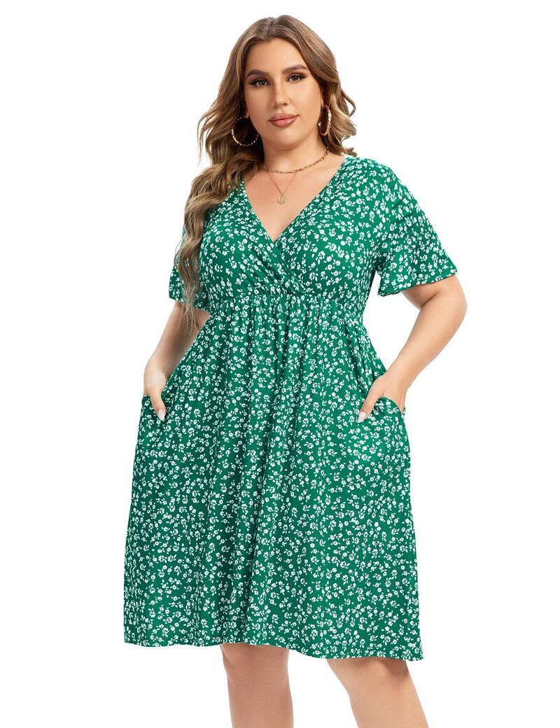 エリートチョイス レディース トップス ワンピース Vネック フラワー柄 プラスサイズ プリント ミディ フラワー Elitechoice Women's Plusize V-Neck Floral Print Midi Dress with Side Pocketsmall Green Flower グリーン|ReVida 店