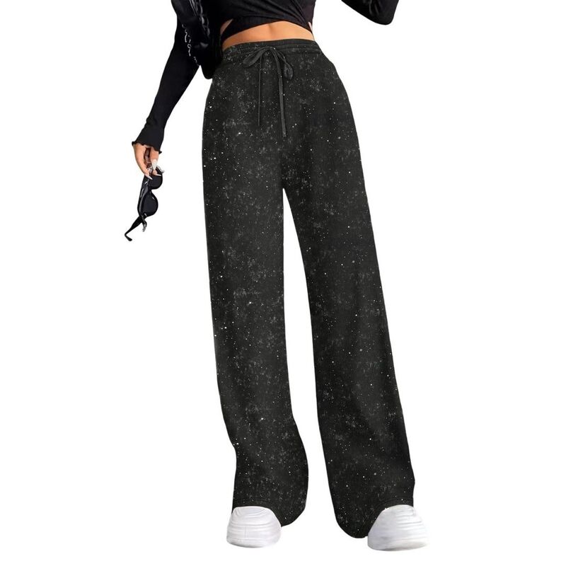 エリートチョイス レディース ボトムス カジュアルパンツ ワイドレッグ ドローコードウエスト Elitechoice Women'sparkly Star Drawstring Waist Wide Leg Pants Elastic Waist Rhinestone Glitter Casual Pants Black ブラック｜ReVida 店