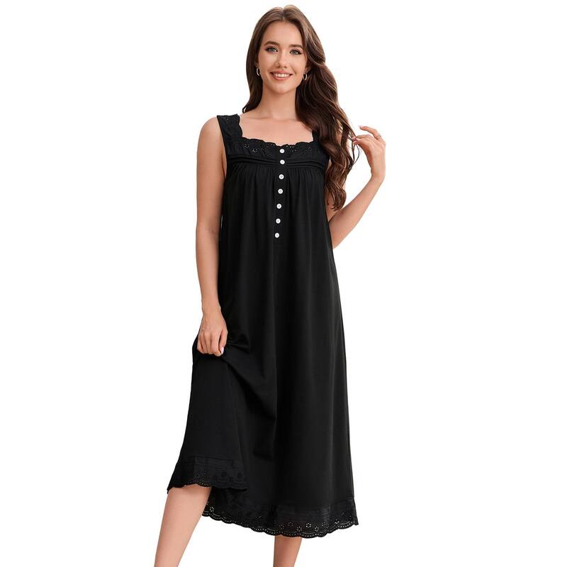 コジョイン レディース アンダーお召しもの ナイト爵お召しもの ノースリーブ Kojooinightgown for Women Button Up Tank Sleeveless Long Sleep Dress Black 黒いこと