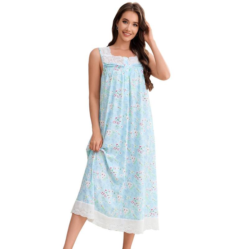 コジョイン レディース アンダーお召しもの ナイト爵お召しもの ノースリーブ Kojooinightgown for Women Button Up Tank Sleeveless Long Sleep Dress Blue Flower 青色