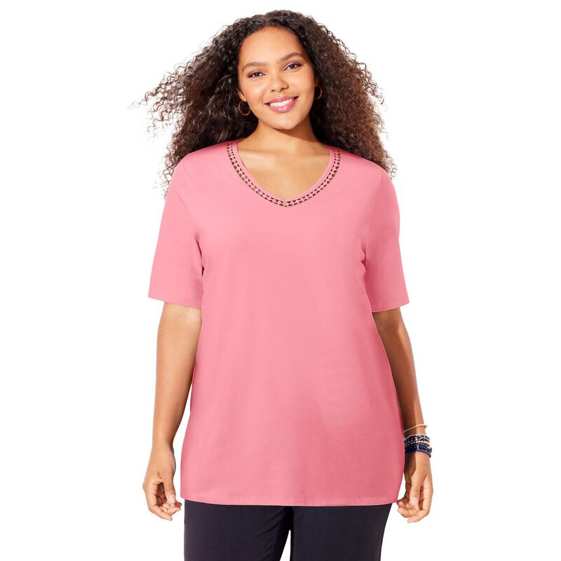 キャサリンズ レディース トップス Tシャツ Vネック プラスサイズ Catherines Women's Plusize Suprema Crochet V-Neck Tee Pink Tropic ピンク｜ReVida 店