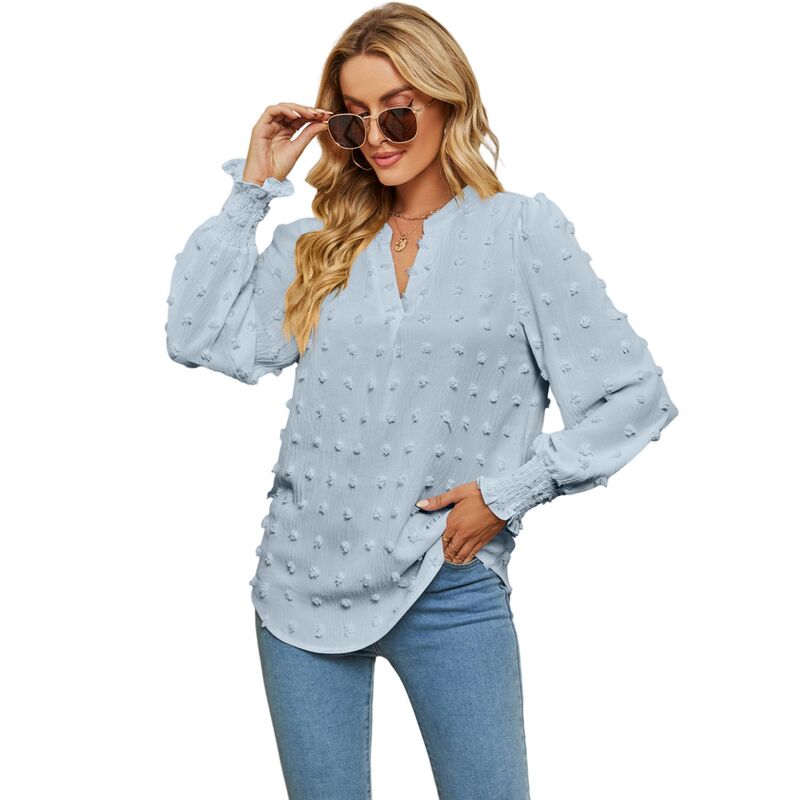 コジョイン レディース トップス シャツ Vネック シフォン ブラウス Kojooin Women'swiss Dot V Neck Long Sleeve Blouse Solid Casualoose Chiffon Blouse Top Light Blue ブルー|ReVida 店