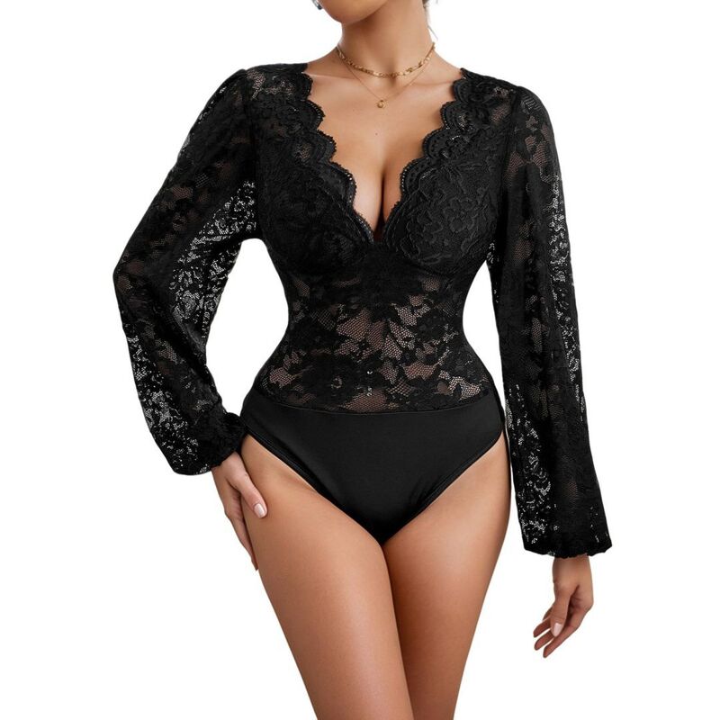 イエスファッション レディース トップス Tシャツ Vネック フラワー柄 ボディースーツ レース フラワー Yesfashion Women's Floralace Bodysuit Deep V Neck Long Sleeve Leotard Tops Black ブラック｜ReVida 店