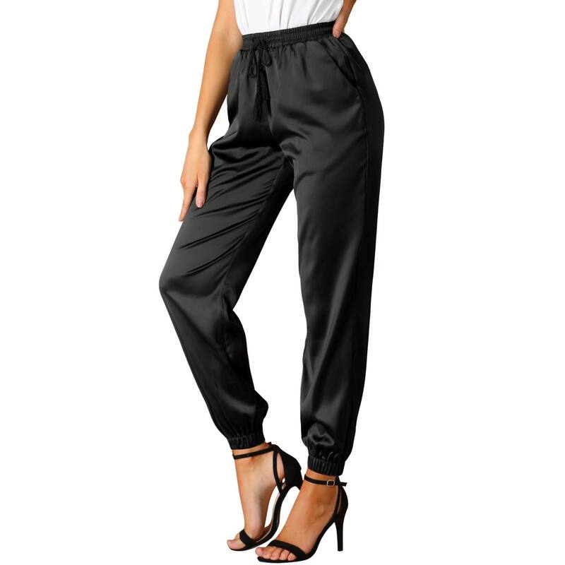 インスパイア シック レディース ボトムス カジュアルパンツ サテン アンクル ジョガーパンツ INSPIRE CHIC Women's Drawstring Elastic Waist Athleisure Pants Anklength Satin Joggers with Pockets Black ブラック｜ReVida 店