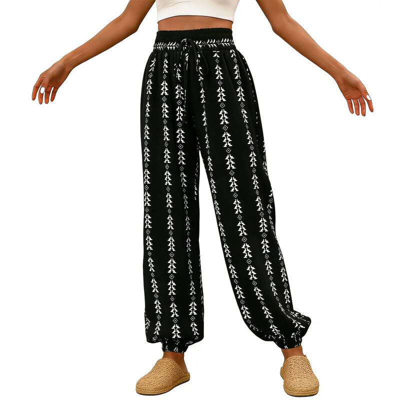 クリアフラワー レディース ボトムス カジュアルパンツ ハイウエスト ClearFlower Women's High Waist Elastic Waistbandrawstring Comfy Loose-Fit Casual Beach Trousers Black ブラック｜ReVida 店