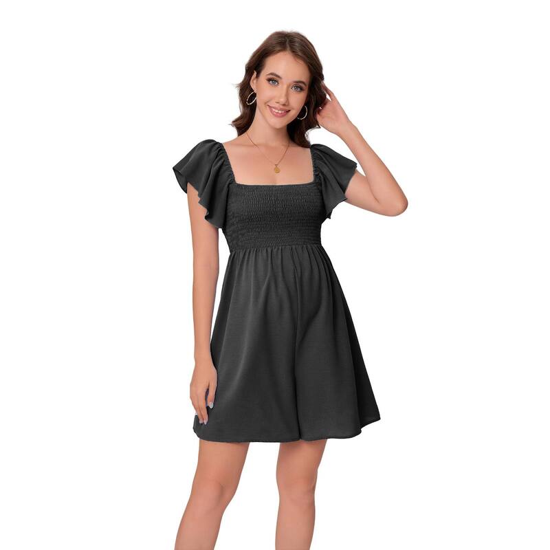 セオリア レディース トップス ワンピース フリル ロンパース マタニティ Seoria Women Maternity Casual Ruffle Sleeve Square Neck Romper Black ブラック|ReVida 店