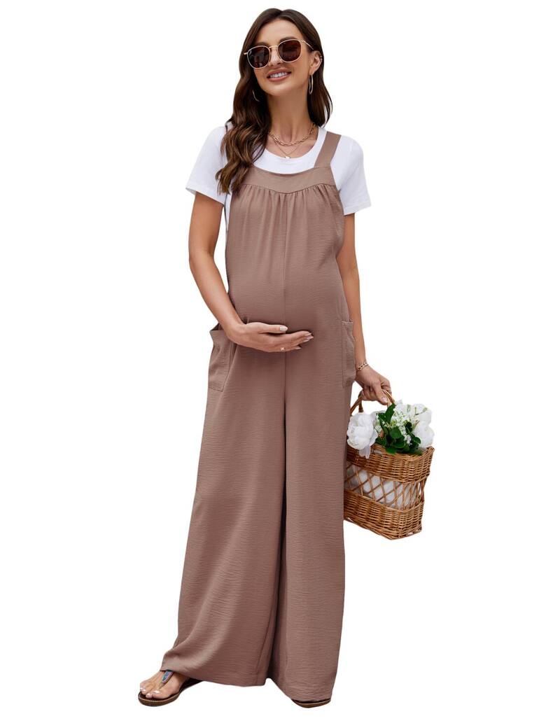 ファンジュライ レディース トップス ワンピース ノースリーブ ジャンプスーツ マタニティ FUNJULY Women's Maternity Jumpsuit Sleeveless Tie Loose Jumpsuit With Pockets Workwear Brown ブラウン|ReVida 店