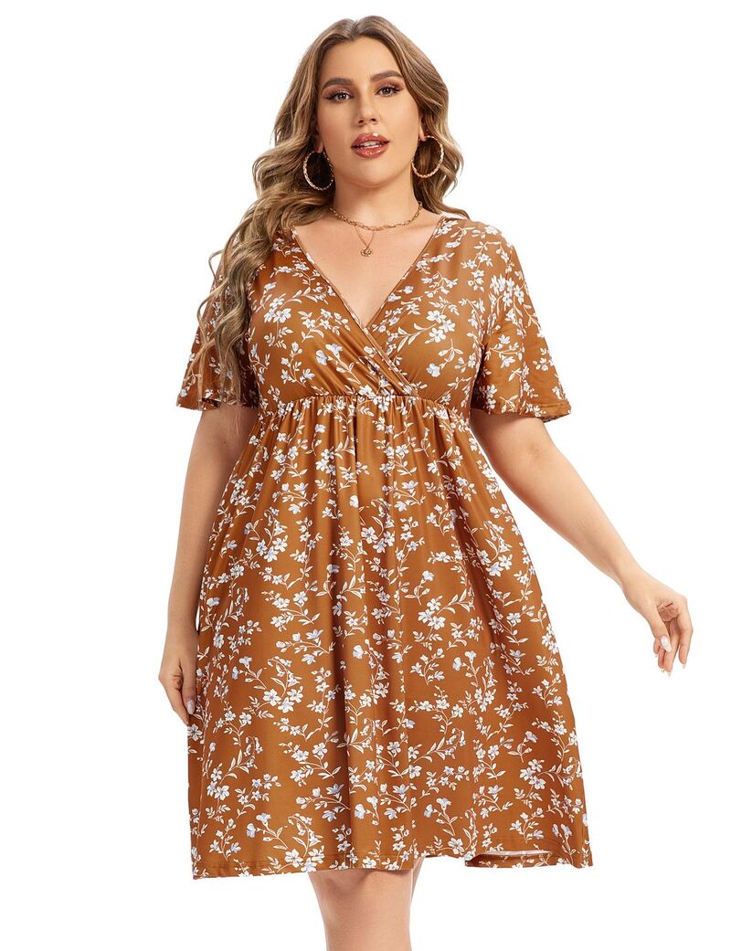 ファンジュライ レディース トップス ワンピース Vネック フラワー柄 プラスサイズ プリント フラワー FUNJULY Women's Plusize V-Neck Floral Print Dress with Side Pockets Yellow イエロー|ReVida 店