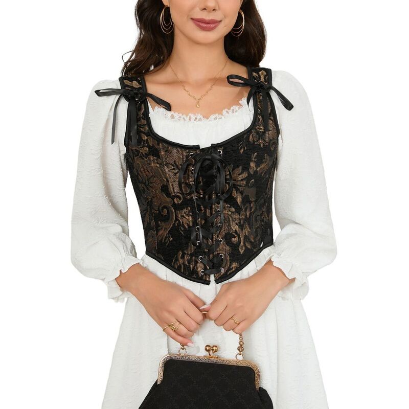 エリートチョイス レディース トップス プルオーバー ヴィンテージ 御花柄 スピード競技 御花 Elitechoice Women\u0027s Vintage Floralace Up Corsetop Elegant Casual Wear Black Gold 黒いこと