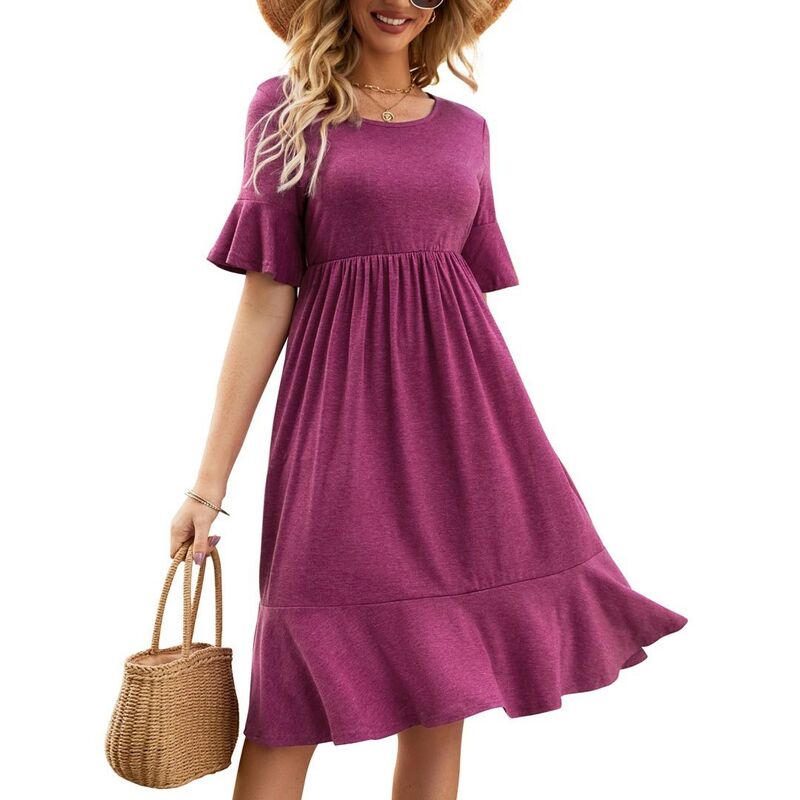 ボディサイズ レディース トップス ワンピース ティアード クルーネック ミディ エンパイア BODDYSIZE Women Summer Beach Sundresshort Sleeve Crew Neck Swing Dress Empire Waist Flowy Tiered Midi Dress Red レッド｜ReVida 店