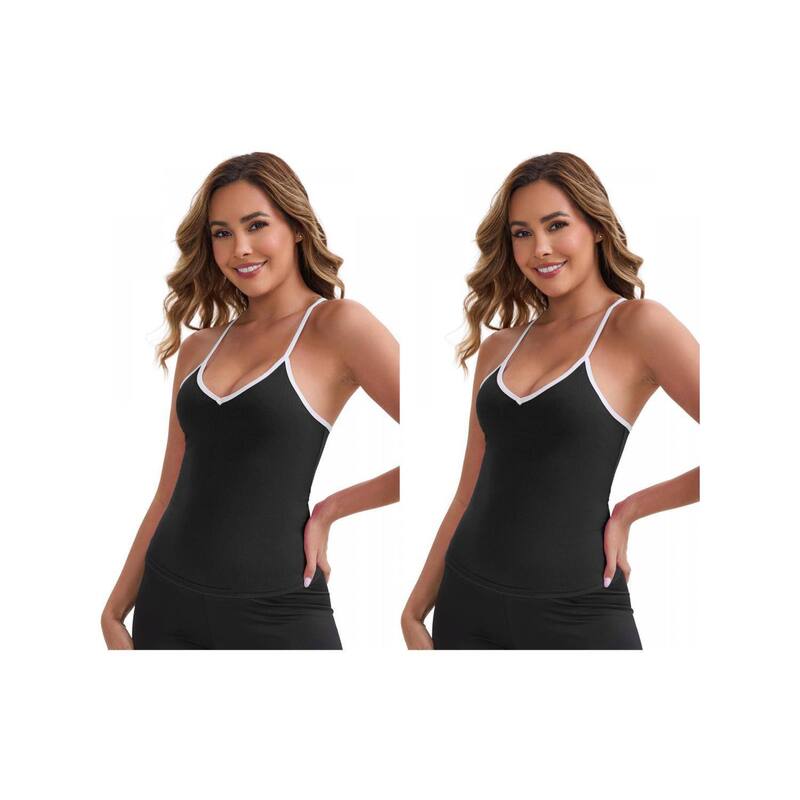 インスパイア 今めかしい レディース トップス プルオーバー か細い填まる Vネックロップド INSPIRE CHIC 2 Packs Women\u0027s V-Neck Spaghetti Straps Tank Top Slim Fit Solid Elasticropped Athleticamisoles Black 黒いこと