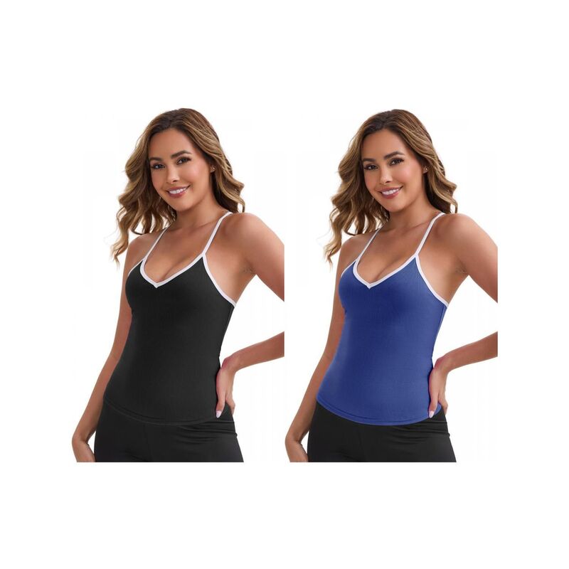 インスパイア 今めかしい レディース トップス プルオーバー か細い填まる Vネックロップド INSPIRE CHIC 2 Packs Women\u0027s V-Neck Spaghetti Straps Tank Top Slim Fit Solid Elasticropped Athleticamisoles Black Blue 黒いこと