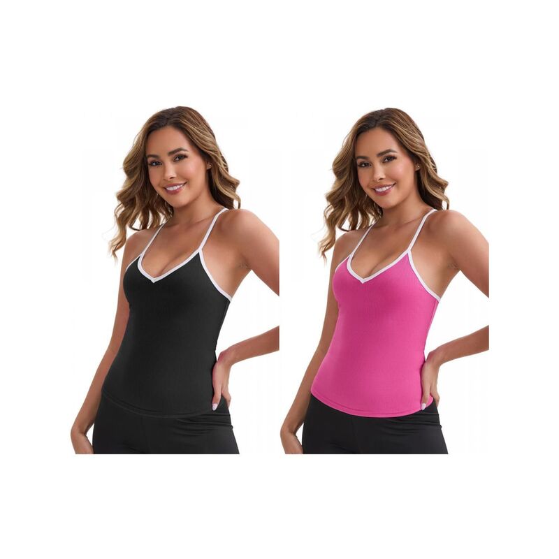 インスパイア 今めかしい レディース トップス プルオーバー か細い填まる Vネックロップド INSPIRE CHIC 2 Packs Women\u0027s V-Neck Spaghetti Straps Tank Top Slim Fit Solid Elasticropped Athleticamisoles Black Rose Red 黒いこと