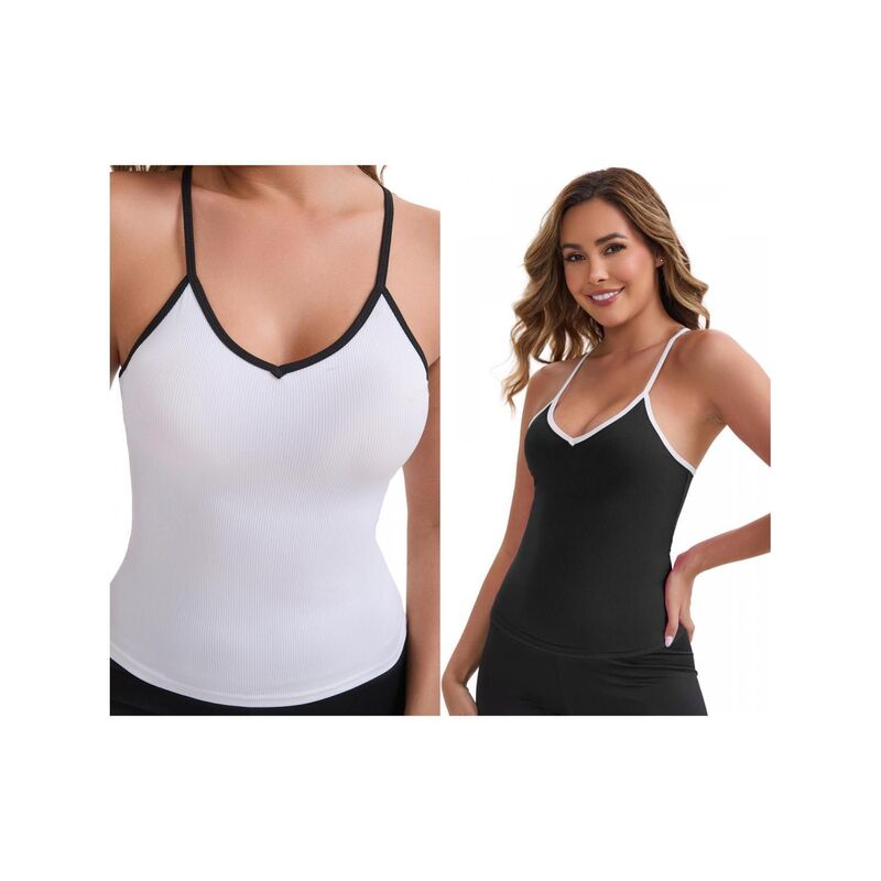 インスパイア 今めかしい レディース トップス プルオーバー か細い填まる Vネックロップド INSPIRE CHIC 2 Packs Women\u0027s V-Neck Spaghetti Straps Tank Top Slim Fit Solid Elasticropped Athleticamisoles Black White 白いこと