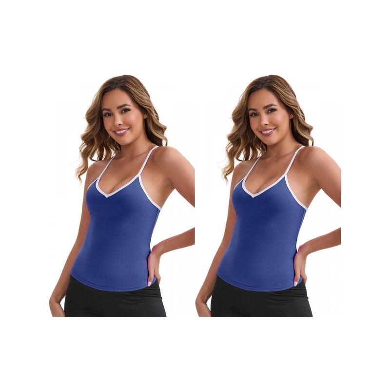 インスパイア 今めかしい レディース トップス プルオーバー か細い填まる Vネックロップド INSPIRE CHIC 2 Packs Women\u0027s V-Neck Spaghetti Straps Tank Top Slim Fit Solid Elasticropped Athleticamisoles Blue 青色