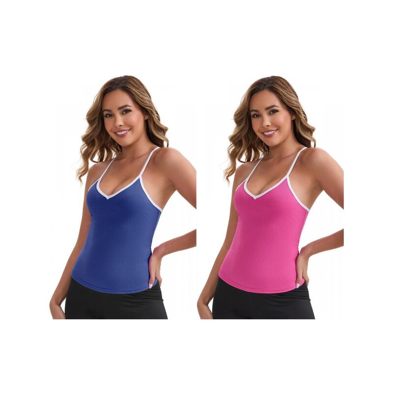 インスパイア 今めかしい レディース トップス プルオーバー か細い填まる Vネックロップド INSPIRE CHIC 2 Packs Women\u0027s V-Neck Spaghetti Straps Tank Top Slim Fit Solid Elasticropped Athleticamisoles Rose Red Blue 青色