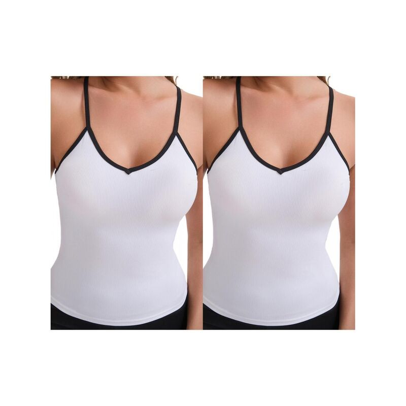 インスパイア 今めかしい レディース トップス プルオーバー か細い填まる Vネックロップド INSPIRE CHIC 2 Packs Women\u0027s V-Neck Spaghetti Straps Tank Top Slim Fit Solid Elasticropped Athleticamisoles White 白いこと