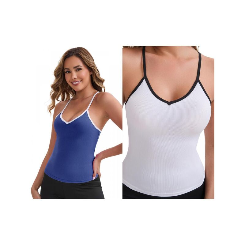 インスパイア 今めかしい レディース トップス プルオーバー か細い填まる Vネックロップド INSPIRE CHIC 2 Packs Women\u0027s V-Neck Spaghetti Straps Tank Top Slim Fit Solid Elasticropped Athleticamisoles White Blue 白いこと