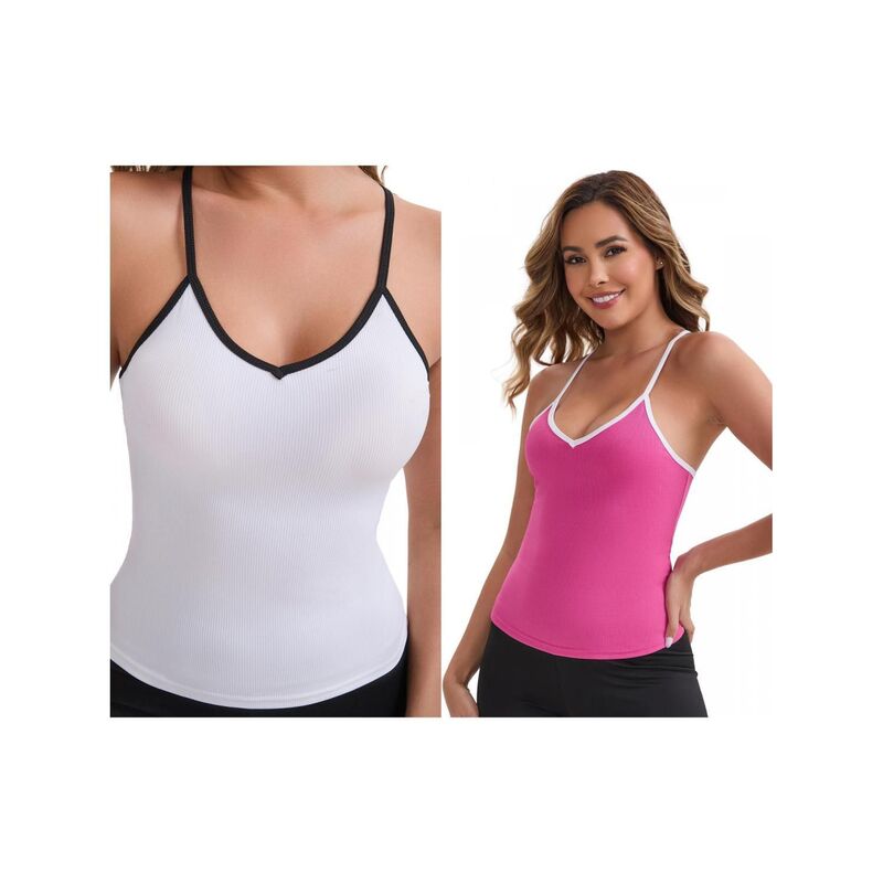 インスパイア 今めかしい レディース トップス プルオーバー か細い填まる Vネックロップド INSPIRE CHIC 2 Packs Women\u0027s V-Neck Spaghetti Straps Tank Top Slim Fit Solid Elasticropped Athleticamisoles White Rose Red 白いこと