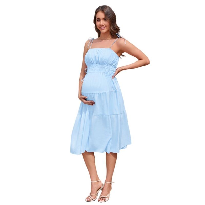 イエスファッション レディース トップス ワンピース ティアード ミディ ノースリーブ マタニティ Yesfashion Women\'s Maternity Sleevelesspaghetti Strap Tiered Midi Dress Blue ブルー｜ReVida 店