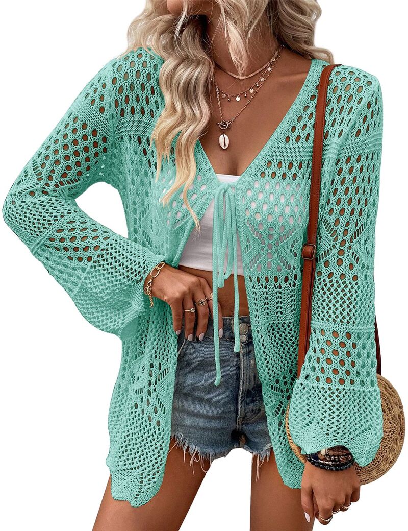 クリアラブ レディース アウター ニット・セーター Vネック メッシュ カーディガン Clearlove Women's V-Neck Tie Front Mesh Knit Cardigan Bell Sleeve Sweater Lake Green グリーン｜ReVida 店