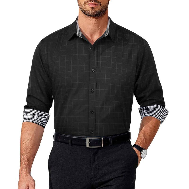 クーファンディ レディース トップス プルオーバー レギュラー填まる 名取り草落ちこむ COOFANDY Menshirt Business Dresshirt Regular Fit Casual Button Down Shirt Wrinkle Free Black Windowpane 黒いこと
