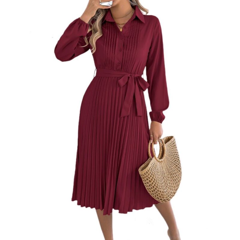 ボディサイズ レディース トップス ワンピース A ライン プリーツ ミディ BODDYSIZE Women's Casual Midi Dresses with Belt Long Sleeve Pleatedress Lapel A Line Flowy Dress Red レッド|ReVida 店