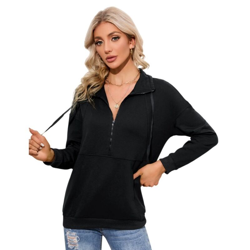 上半身大きさ レディース トップス プルオーバー 汗水 BODDYSIZE Women\u0027s Loose Pullover Tops Casualong Sleeve Lapel Zipper Sweatshirt Drawstring Style Black 黒いこと