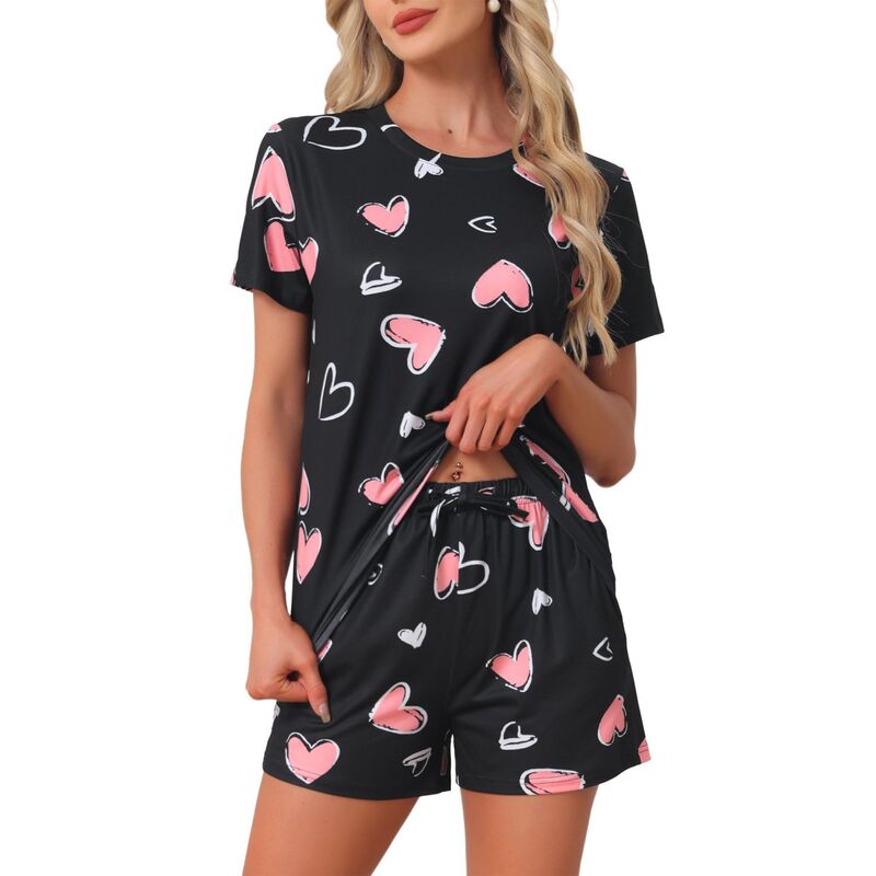 インスパイア 今めかしい レディース アンダー御召しもの ナイト爵御召しもの 遊撃手ズボン下 INSPIRE CHIC Women\u0027s Pajama Sets 2 Piece Lounge Set Short Sleeve Top and Shortsoft Cozy Loungewear Sets Hearts