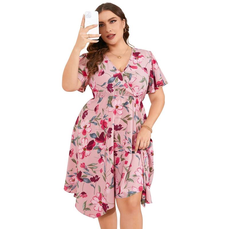 コジョイン レディース トップス ワンピース Vネック ハイウエスト プラスサイズ ミディ Kojooin Women Plusize Wrap V Neck Midi Dresshort Sleeves High Waist Irregular Hem Summer Casual Dress Pink ピンク|ReVida 店