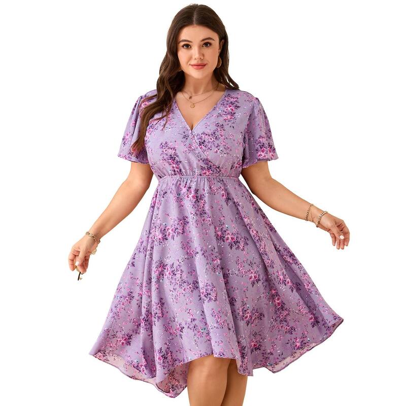 コジョイン レディース トップス ワンピース Vネック ハイウエスト プラスサイズ ミディ Kojooin Women Plusize Wrap V Neck Midi Dresshort Sleeves High Waist Irregular Hem Summer Casual Dress Purple Pink ピンク｜ReVida 店 9,735円
