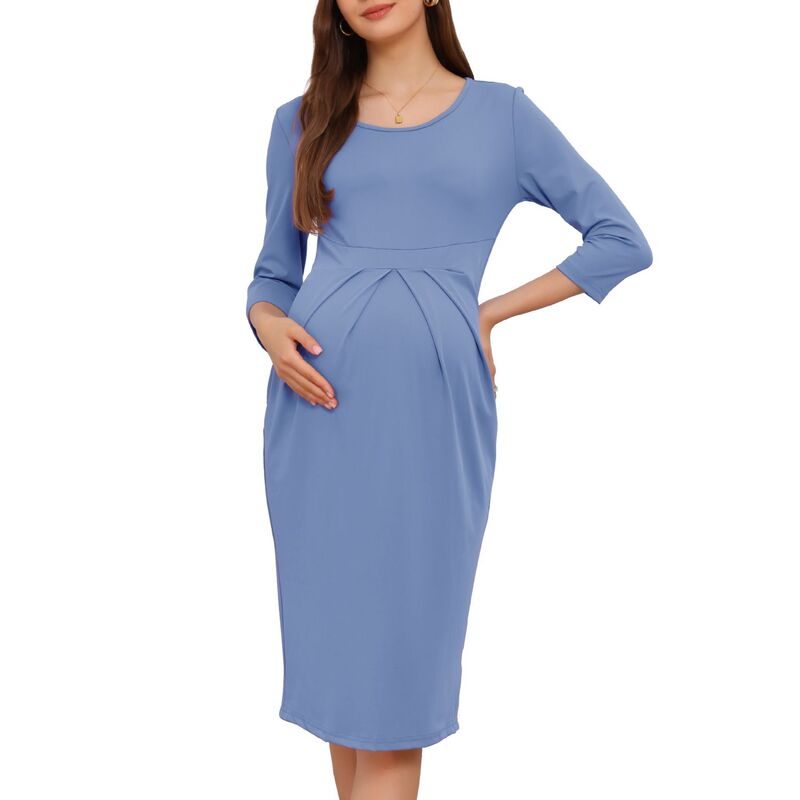 インスパイア シック レディース トップス ワンピース クルーネック プリーツ マタニティ INSPIRE CHIC Women\'s Maternity Dresses Crew Neck 3/4 Sleeves Pleated Office Cocktail Back Zipper Pregnancy Dress Gray Blue グレー|ReVida 店