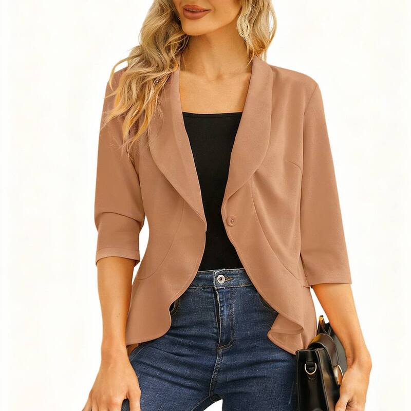 クリアフラワー レディース アウター ジャケット・ブルゾン カーディガン ブレザー ClearFlower Womens Open Front Single Button Three Quarter Sleeve Casual Blazer Cardigan Khaki カーキ|ReVida 店