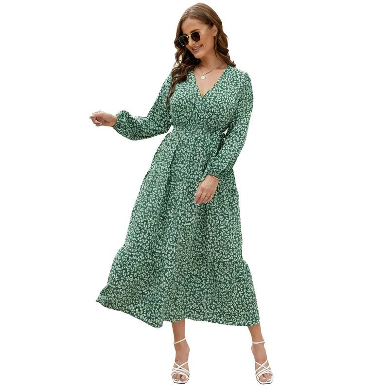 クリアフラワー レディース トップス ワンピース Vネック ハイウエスト プラスサイズ フリル マキシ ClearFlower V Neck Maxi Wrap Dress for Plusize Women Long Sleeves High Waist Ruffle Casual Belt Dress Green Flower グリーン|ReVida 店