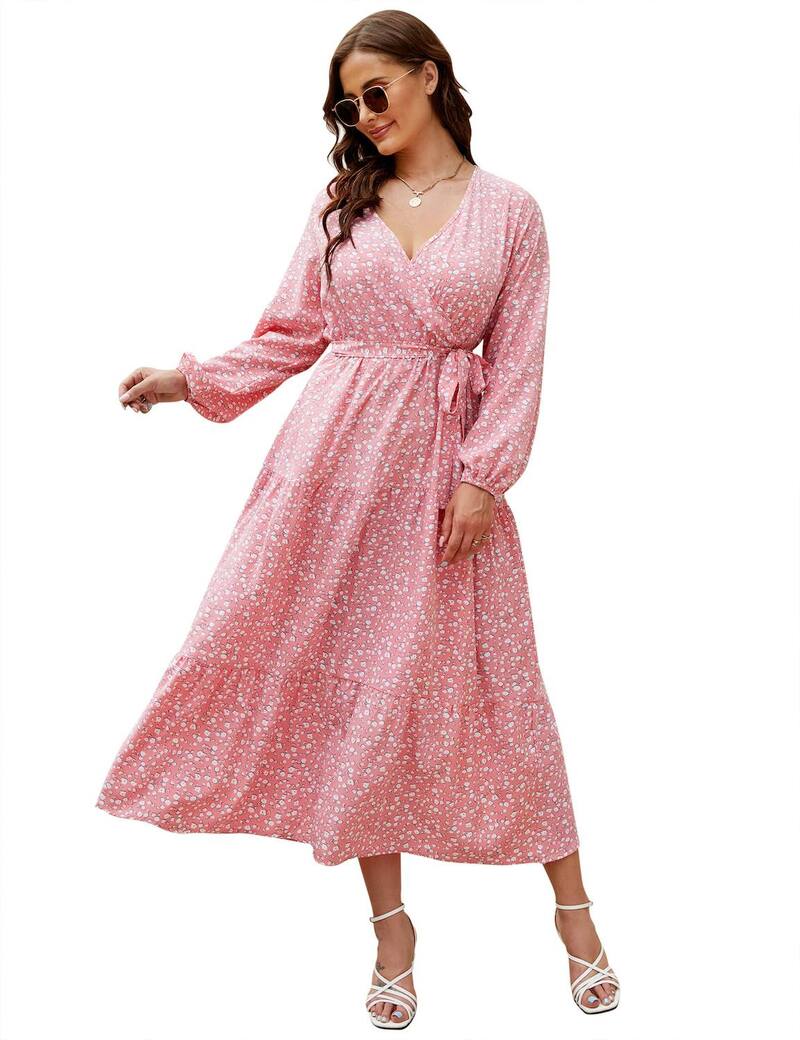 クリアフラワー レディース トップス ワンピース Vネック ハイウエスト プラスサイズ フリル マキシ ClearFlower V Neck Maxi Wrap Dress for Plusize Women Long Sleeves High Waist Ruffle Casual Belt Dress Pink ピンク|ReVida 店