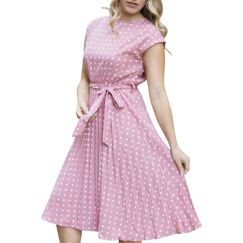 アンナカシ レディース トップス ワンピース プリーツスカート ドット柄 ドット プリーツ ミディ スカート キャップ Anna-Kaci Women's Polka Dot Midi Dress with Cap Sleeves Pleated Skirt and Waistie Belt Pink ピンク｜ReVida 店
