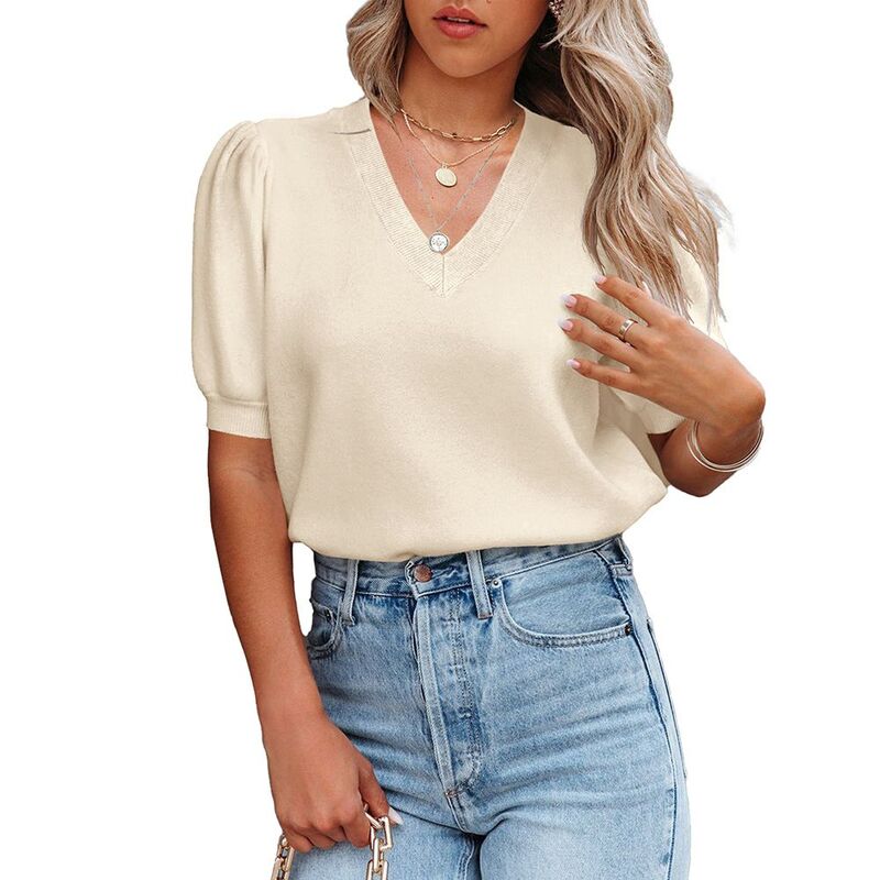 コジョイン レディース アウター ニット・セーター Vネック ブラウス Kojooin Knitted Sweater for Women Lantern Short Sleeves V Neck Solid Casual Blouse Basic Lightweight Apricot アプリコット|ReVida 店