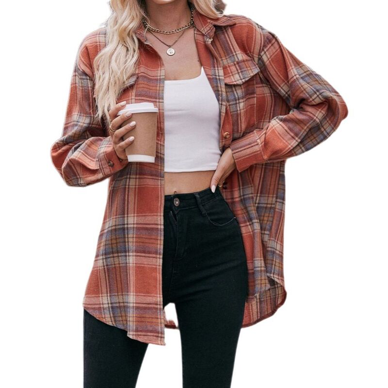 エリートスピリット レディース トップス シャツ ボタンダウン ブラウス EliteSpirit Womens Oversized Plaid Shackets Button Down Flannel Shirts Long Sleeve Business Casual Blouse Top Caramel Plaid チェック｜ReVida 店 9,571円