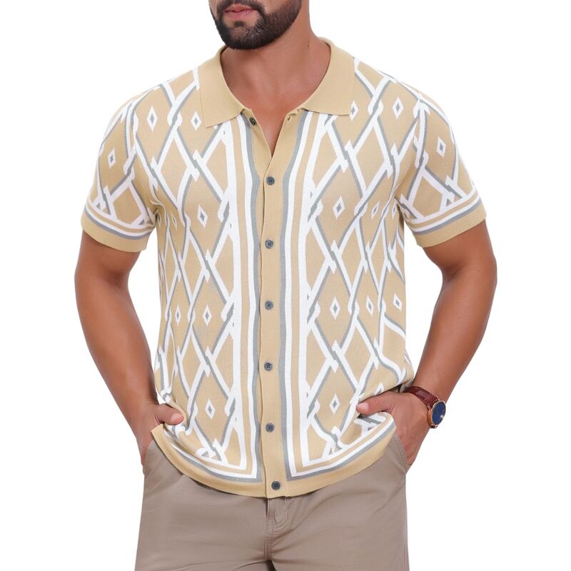 インスパイア シック レディース トップス Tシャツ ボタンダウン ポロシャツ ダウン ニット INSPIRE CHIC Men's Argyle Polo Shirt Casual Short Sleeve Button Down Plaid Knitted Shirts Khaki カーキ｜ReVida 店