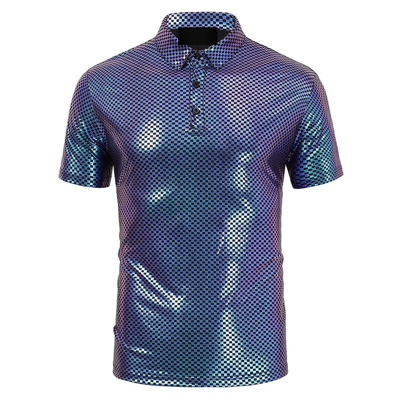 クリアフラワー レディース トップス Tシャツ ポロシャツ トール ClearFlower Men's Metallic Shiny Short Sleeve Polo Shirt - Slim-Fit Club Party Performance Casual Top Blue Plaid ブルー｜ReVida 店