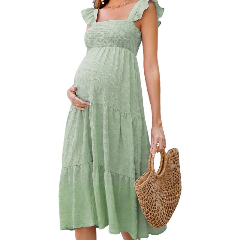 クリアフラワー レディース トップス ワンピース ティアード フリル ミディ ノースリーブ シャーリング マタニティ ClearFlower Women'square Neck Sleeveless Maternity Smocked Ruffled Tiered Flowy Midi Dress Light Green グリーン｜ReVida 店