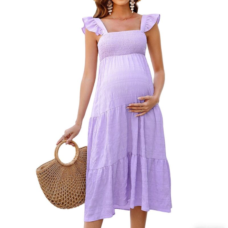 クリアフラワー レディース トップス ワンピース ティアード フリル ミディ ノースリーブ シャーリング マタニティ ClearFlower Women'square Neck Sleeveless Maternity Smocked Ruffled Tiered Flowy Midi Dress Purple パープル｜ReVida 店