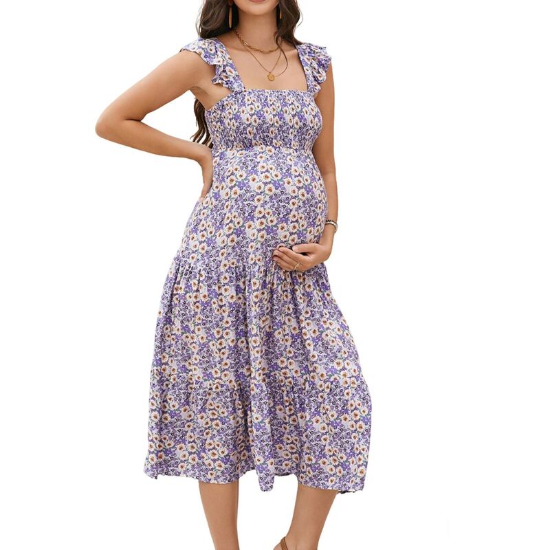 クリアフラワー レディース トップス ワンピース ティアード フリル ミディ ノースリーブ シャーリング マタニティ ClearFlower Women'square Neck Sleeveless Maternity Smocked Ruffled Tiered Flowy Midi Dress Purple Flower パープル｜ReVida 店