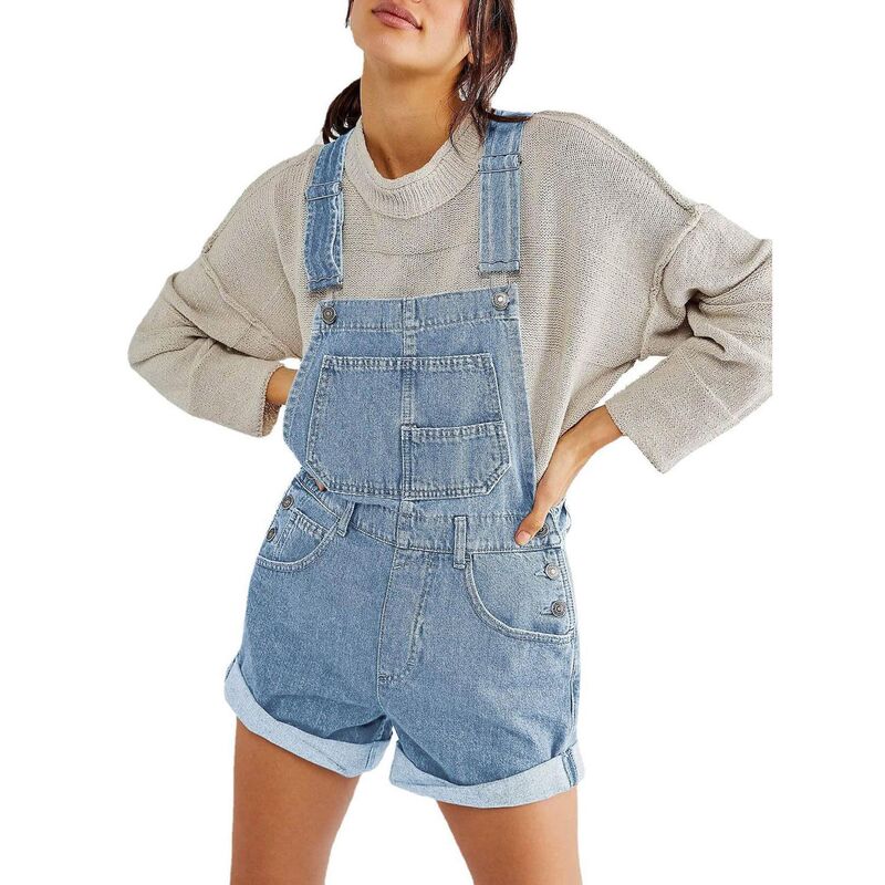 セオリア レディース ボトムス カジュアルパンツ オーバーオール ショートパンツ デニム Seoria Women's Loose-Fit Denim Overalls Adjustable Straps Cuffed Hem Denim Shorts Blue ブルー｜ReVida 店