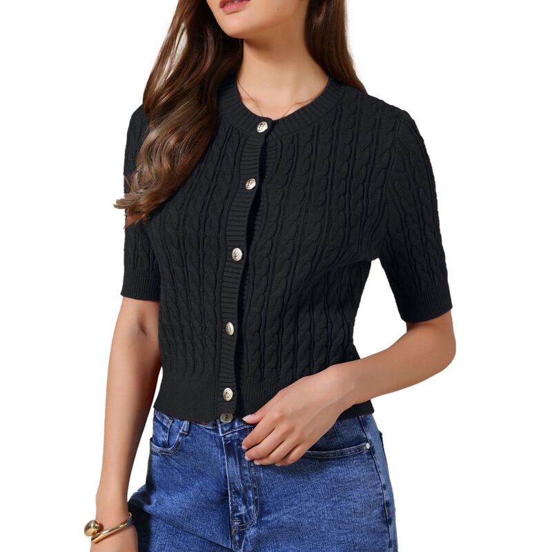 インスパイア シック レディース アウター ニット・セーター ボタンダウン クルーネック カーディガン ダウン INSPIRE CHIC Short Sleeve Summer Cardigan for Women Cable Knit Button Down Crew Neck Trendy Sweater Crop Top Black ブラック|ReVida 店