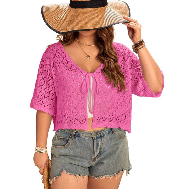 イエスファッション レディース アウター ニット・セーター プラスサイズ カーディガン Yesfashion Women's Plusize Crochet Cardigan Crop Short Sleeves Tie Front Lightweight Knitwear Pink ピンク|ReVida 店