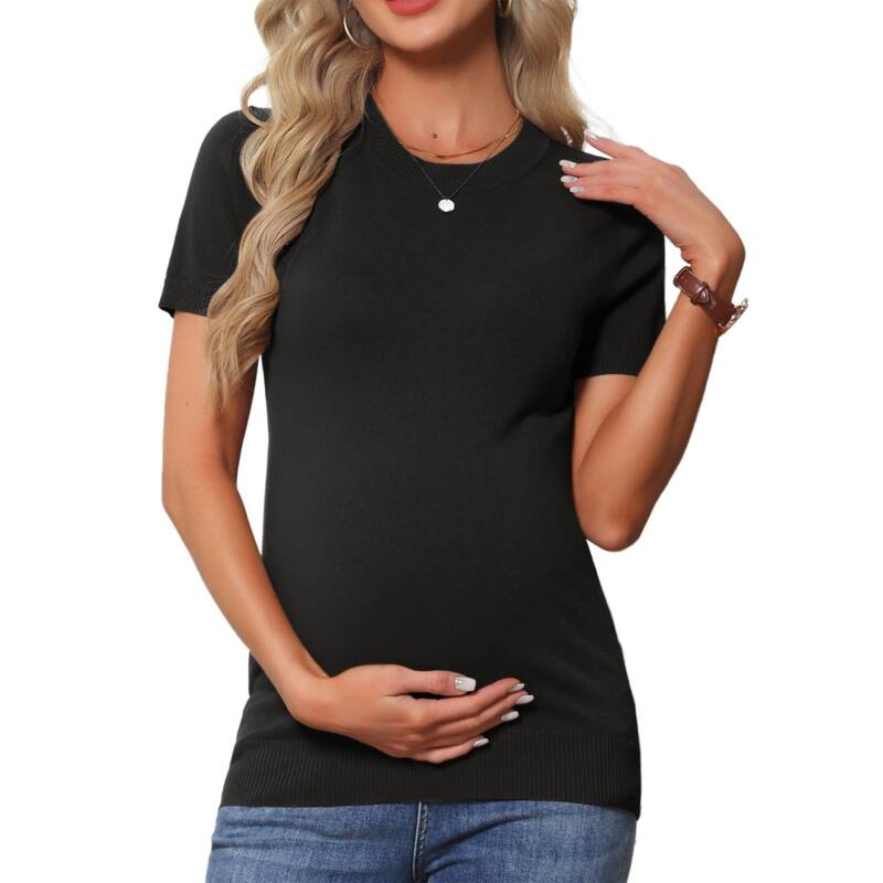 インスパイア シック レディース トップス シャツ セーター ブラウス ニット マタニティ INSPIRE CHIC Women's Maternity Top Stretchy Knit Sweater Short Sleeve Summer Pregnancy Round Neck Blouse Black ブラック｜ReVida 店